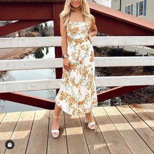 Orange floral tie back midi dress